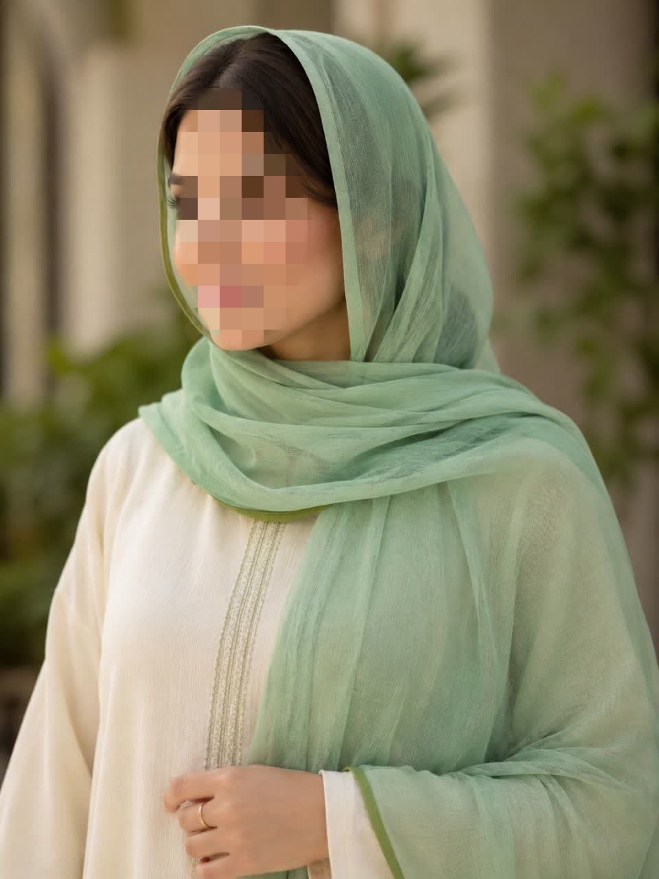شال توری نواردوزی شده سبز پاستلی